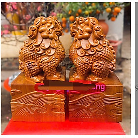 Mua Cặp nghê phong thủy cầu tài lộc bằng gỗ bách xanh thơm nức cao 23x12x12cm