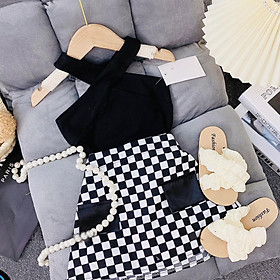 Nguyên set bộ quần giả váy phối áo croptop chéo dây cho bé gái phong cách từ 12-40kg chất cotton mềm mịn mát