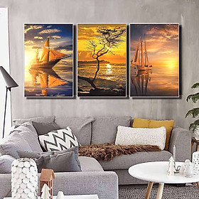 Bộ 3 tranh canvas treo tường Decor Hoàng hôn, thuyền và biển - DC205