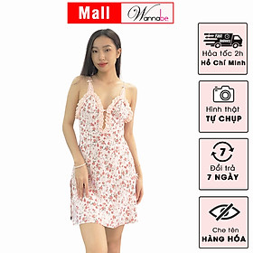 Đầm ngủ lụa mango WANNABE DNS81 váy ngủ 2 dây cổ xẻ sâu, nhúng ren viền quanh cổ, vải hoa nhí màu sắc tươi mát trẻ trung