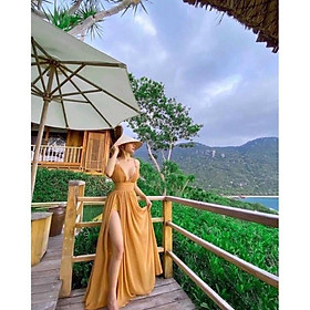 Đầm váy maxi 2s voan lót lụa xẻ tà 2 dây cổ V vàng đỏ hở lưng đi biển dự tiệc dạo phố bigsize gợi cảm sexy