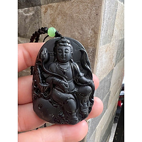 Mặt Dây Chuyền Nam Phật Quan Âm Cưỡi Cá Chép Đá Mã Não Đen Size To Cao 60mm Ngang 43mm Dầy 13mm ạ