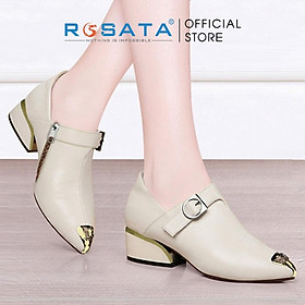 Giày bốt nữ ROSATA RO302 cổ thấp mũi nhọn họa tiết khóa kéo viền gold gót vuông cao 4cm xuất xứ Việt Nam - Kem