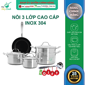 Bộ nồi chảo chống dính 3 lớp đáy liền Inox 304 Fivestar Plus FPB5006 nắp kính , bảo hành 25 năm - tặng 1 vá canh