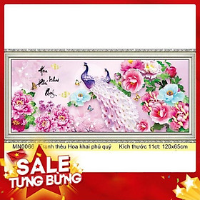 Tranh thêu chữ thập chim công hoa mẫu đơn hoa khai phú quý KT 120x65cm