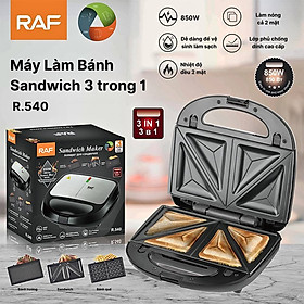 Máy kẹp nướng bánh mì RAF công suất cao 850W 3 khay có thể tháo lắp, làm bánh, nướng bánh rất nhanh - R540 - HÀNG CHÍNH HÃNG