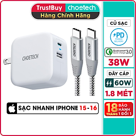 Mua Bộ Củ Sạc Nhanh CHOETECH 38W PD5002 Và Cáp Type C to C 60W Dài 1.8M CC0005-SR Cho iPhone 15  iP16  Cho Samsung- Hàng Chính Hãng