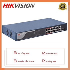 Mua  Chính hãng  Switch mạng 16 cổng Hikvision DS-3E0318P-E/M(B) PoE 100M. Vỏ kim loại  chống sét  1 cổng uplink 1000M  1 cổng SFP độc lập 10/100/1000M