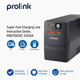 Bộ nguồn cấp điện liên tục UPS PROLINK 650VA (PRO700SFC) Công suất 360W, công nghệ Line Interactive tích hợp bộ AVR, sạc siêu nhanh - Hàng chính hãng