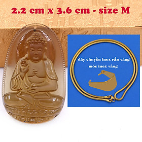 Mặt Phật A di đà đá obsidian ( thạch anh khói ) 3.6 cm kèm dây chuyền inox rắn vàng - mặt dây chuyền size M, Mặt Phật bản mệnh