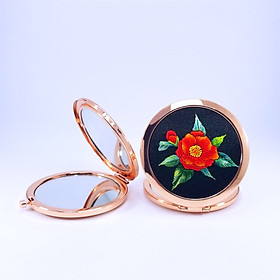Gương Thêu Tay, Họa Tiết Thêu Hoa Camellia - Quà Tặng Sinh Nhật Ý Nghĩa - Thiết Kế Gương Nhỏ Gọn, Dễ Sử Dụng