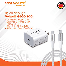 Bộ củ cáp sạc siêu nhanh Volwatt GE-30G-SCC 30W GaN hàng chính hãng | Adapter PD Type-C + Cáp Type-C 60W, BH 12 tháng