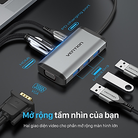 Bộ chuyển đổi Type-C sang VGA + HDMI + 3 cổng USB 3.0 + Sạc Type-C PD 87W Vention TGSHB (6 in 1) - hàng chính hãng