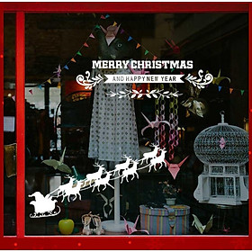 Decal trang trí Noel đoàn tuần lộc và chữ Merry christmas and happy new year