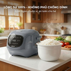 Nồi Cơm Điện Sứ Dưỡng Sinh Mishio MK365 lòng sứ nguyên chất 0.8L không chứa chất chống dính - Hàng chính hãng - 1.2L màu xám