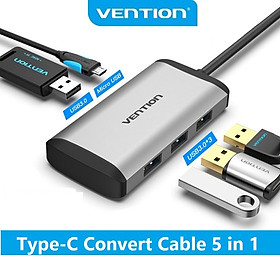 Cáp chuyển USB Type C to 4*USB 3.0 + PD Micro USB Vention TGCHB (5 in 1) - Hàng chính hãng