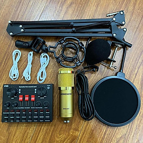 Mua Bộ combo mic livestream hát karaoke online card V8 nâng cấp V8S có bluetooth autotune micro BM900 màng lọc âm chân kẹp
