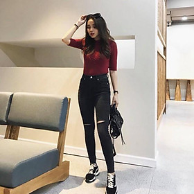 Quần jean bigsize lưng cao co dãn màu đen - quần bò size đại lưng cao co dãn màu đen