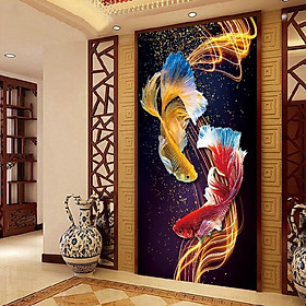 Mua TRANH THÊU CHỮ THẬP THÊU KÍN song cá E83 (50X90) CM - TRANH CHƯA THÊU