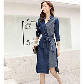 Đầm denim phối sọc