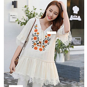 Áo bầu thô thêu hoa trẻ trung ab1075