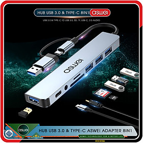 Mua Hub Type C Và Hub USB ASWEI 8 in 1 To USB 3.0  SD  TF  USB C  Audio 3.5mm - Cổng Chia USB  Ổ Chia USB Tốc Độ Cao - Hub Chuyển Đổi USB Type C 8 Cổng Dành Cho Macbook  Laptop  PC  Máy Tính Bảng  Điện Thoại - Hàng Chính Hãng
