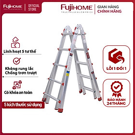 Thang nhôm gấp trượt đa năng FUJIHOME ML45, thang gấp 4 đoạn cao chữ A 2,5M, chữ I 5M, 5 kích thước sử dụng khóa chốt tự động - Hàng chính hãng