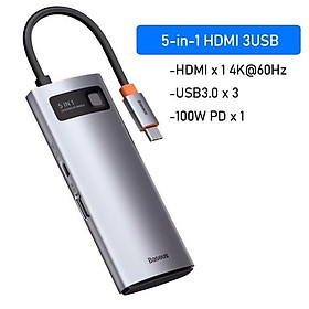 Hub chuyển đa năng Baseus Metal Gleam Series 5 in 1 Type C Ra 3 Usb 3.0 + HDMI 4k60Hz Và Cổng Sạc PD 100W - Hàng chính hãng