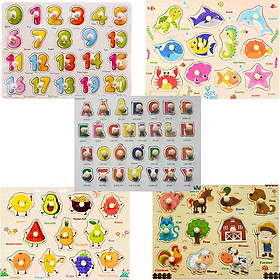 Combo 5 bảng núm gỗ : bảng 20 số, chữ cái tiếng Việt, trái cây, sinh vật biển và nông trại MK- đồ chơi gỗ thông minh