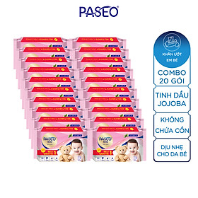 Combo 20 gói Khăn ướt em bé Paseo 50 tờ chiết xuất tinh dầu quả Jojoba