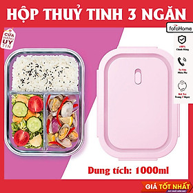 Hộp Cơm Văn Phòng Thuỷ Tinh 3 Ngăn Tiện Lợi Dung Tích 1000ml - Hộp Đựng Thực Phẩm Chịu Nhiệt Chống Tràn Có Nút Thoát Khi Dùng Được Trong Lò Vi Sóng Chọn Màu