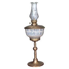 Đèn thờ dầu men rạn vẽ chữ nho chân đồng đế bẹt gốm sứ Bát Tràng (đèn dầu, đèn thờ cúng)
