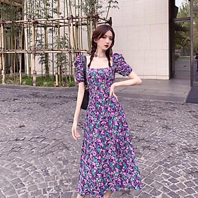 Có size XL - Đầm xoè hoa tím Tiểu Thư Xinh Xắn vải lụa mango Cao CấpMM MM