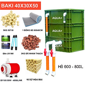 Bộ Lọc Nước Hồ Cá Koi 600-800L: Thùng Baki 3 Tầng, Bơm Baoyu 50W, Đèn UV 9W, Vật Liệu Lọc Đầy Đủ XL