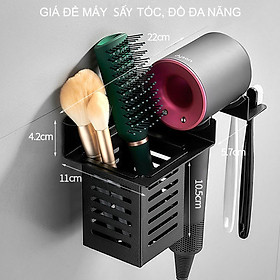 Giá để máy sấy tóc, bàn chải đánh răng đa năng, dùng keo dán tường không cần khoan, làm bằng hợp kim nhôm mạ màu đen