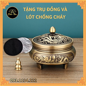 Lư xông Trầm hương chất liệu đồng nguyên khối khắc rồng phượng - chọn mẫu đôn , đế lư đồng thay lư điện Tặng trụ cắm