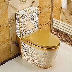 Mua Bồn cầu một khối màu vàng trắng hoa văn sang trọng  kiểu hoàng gia cao cấp
