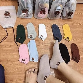 Set 10 đôi tất gấu , hoa cúc nữ ,cổ ngắn nhiều màu dễ thương vải cotton đẹp và bền kèm túi dây rút xinh xắn cute cho phái nữ