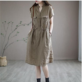 Đầm suông linen cổ trụ phát V hai túi hộp ốp ngực trẻ trung ArcticHunter, thời trang thương hiệu chính hãng