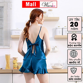 Đồ bộ mặc nhà phi lụa cao cấp WANNABE BSS63 đồ bộ quần short phối áo 2 dây cutout lưng cột nơ sexy giúp bạn gái xinh xắn