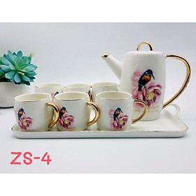 Bộ Ấm Trà Sứ Kèm Khay Viền Vàng - Bộ Ấm Trà Sứ ZS-4