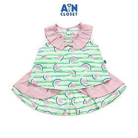 Bộ áo váy ngắn bé gái họa tiết Dưa hấu kẻ xanh cotton - AICDBGFUWYVL - AIN Closet