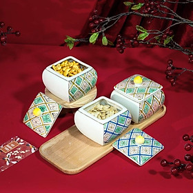 Mua Hũ đựng thực phẩm(mứt kẹo  các loại hạt…) kèm đế gỗ cao cấp. Chất liệu gốm sứ Bát Tràng