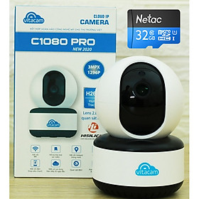 Camera Wifi IP Đàm thoại 2 Chiều Vitacam C1080 Pro 3MP -2020 Thẻ 32GB- Hàng Chính Hãng