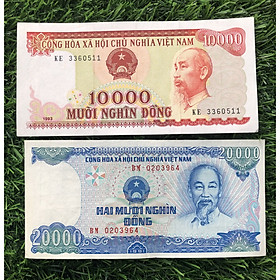 [Chất Lượng Sáng]Combo 2 tờ 10000 đồng đỏ 1993 và 20000 đồng xanh dương 1991 xưa sưu tầm, đi kèm bao lì xì dỏ