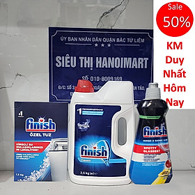 Combo rửa bát Finish: Bột Classic can 2,5kg, Nước làm bóng chai 400ml, Muối hộp 1,5kg - Chính Hãng.