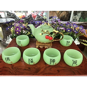 Mua Bộ ấm trà chạm cây táo với ly chạm chữ đá ngọc cẩm thạch xanh