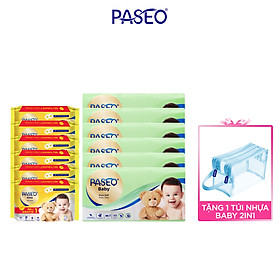 Combo 12 gói khăn giấy Paseo baby 50 tờ 3 lớp và khăn ướt em bé Paseo 50 tờ chiết xuất tinh dầu hoa cúc la mã