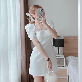 ĐẦM CHỮ A TAY BỒNG CỔ VUÔNG SANG TRỌNG PHỐI DÂY BUỘC NƠ VD42