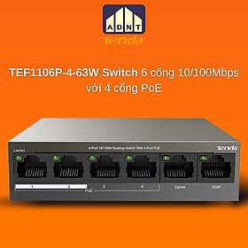 Bộ chia mạng switch 6 cổng 10/100Mbps TEF1106P-4-63W Tenda hàng chính hãng